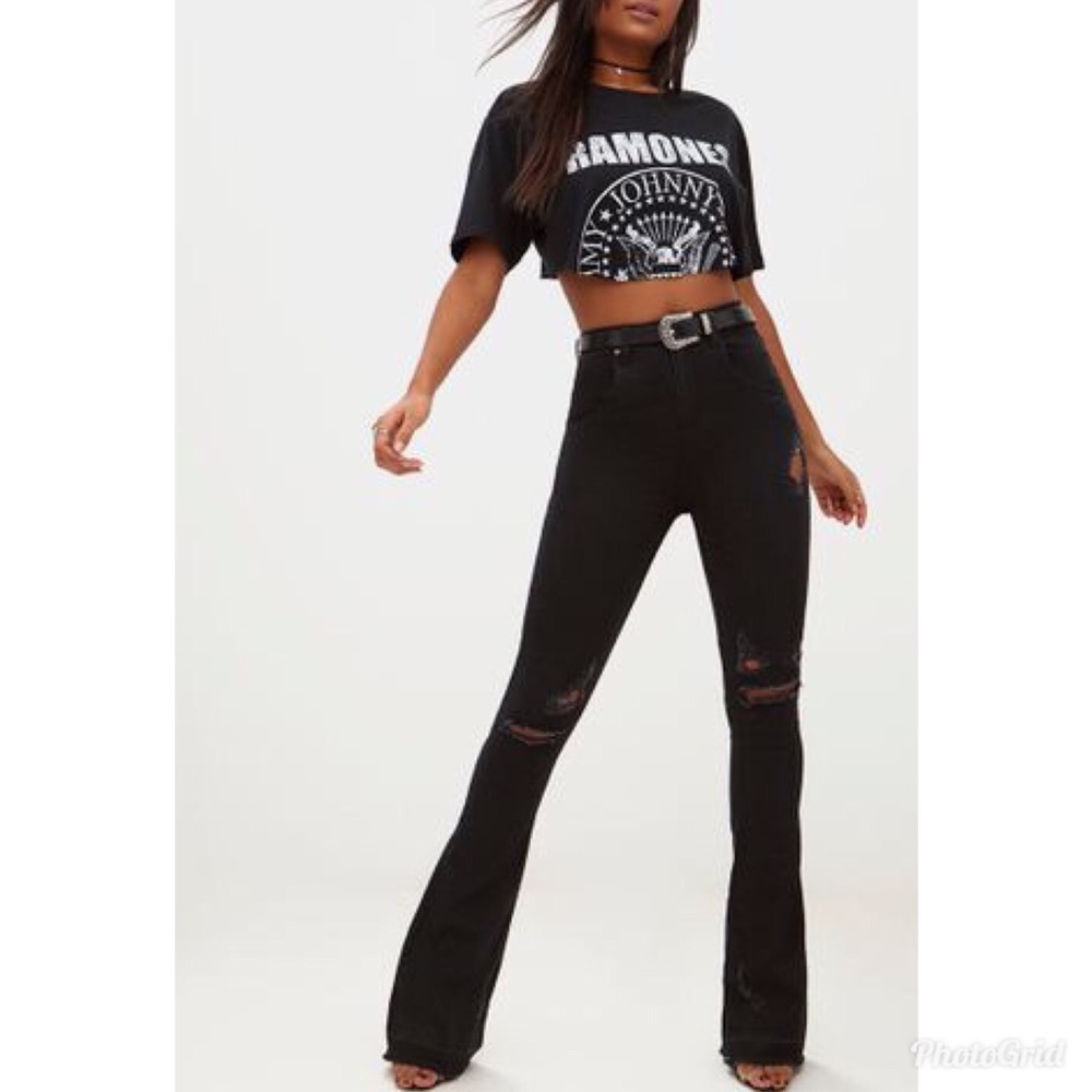 SOLD NWT PLT Black Distressed Knee Flare Jean